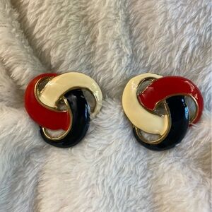 Vintage‎ Cream Red and Blue Enamel Clip on Earrings